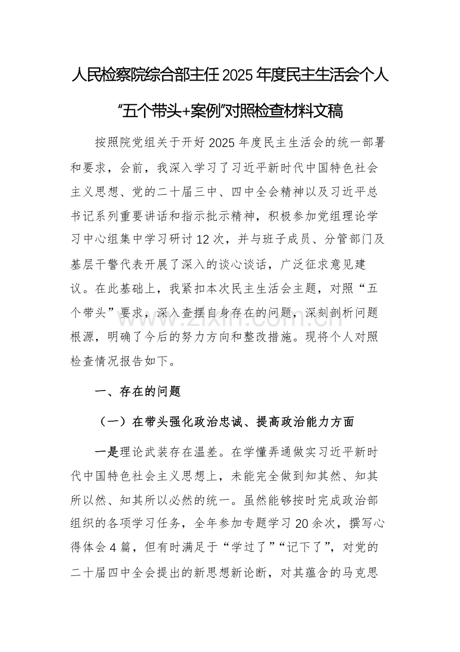 人民检察院综合部主任2025年度民主生活会个人“五个带头+案例”对照检查材料文稿.docx_第1页
