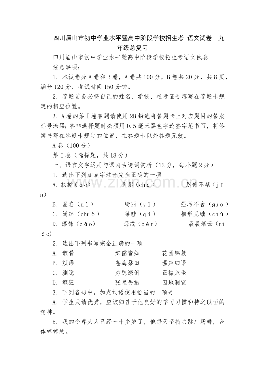 四川眉山市初中学业水平暨高中阶段学校招生考-语文试卷--九年级总复习.docx_第1页