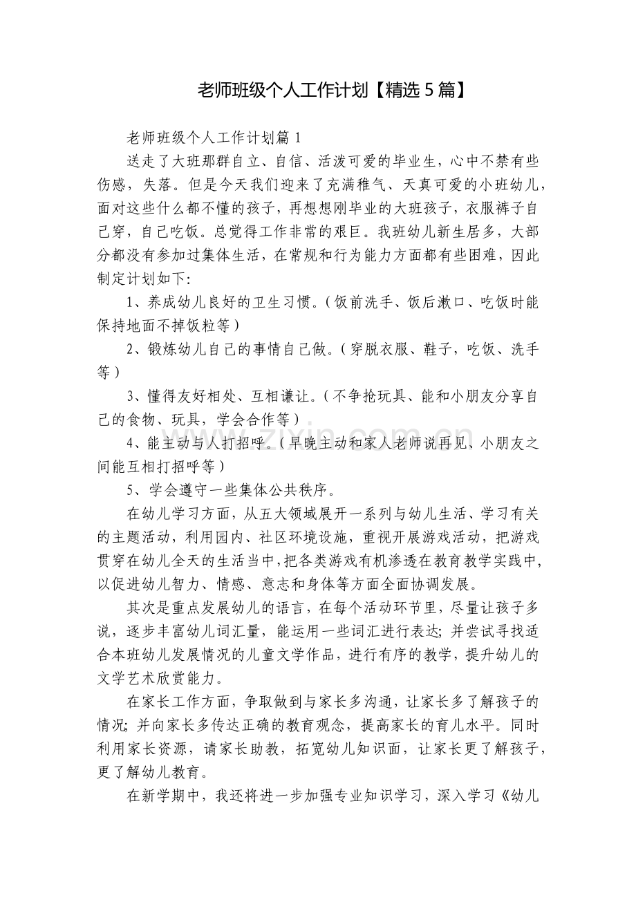 老师班级个人工作计划【5篇】.docx_第1页