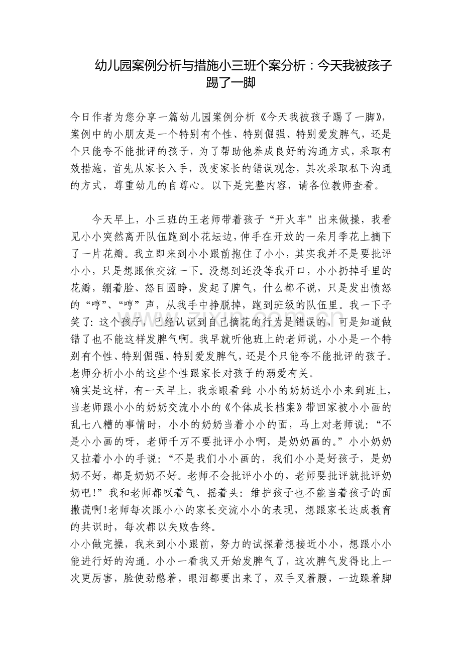 幼儿园案例分析与措施小三班个案分析：今天我被孩子踢了一脚.docx_第1页
