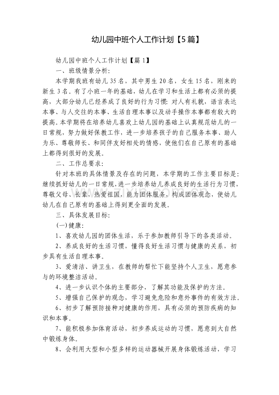 幼儿园中班个人工作计划【5篇】.docx_第1页