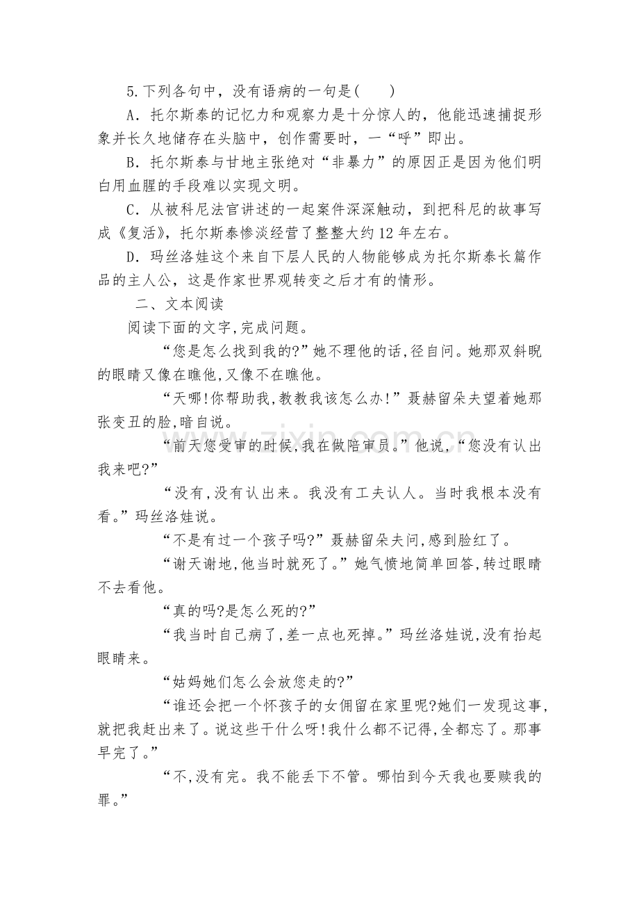 《复活(节选)》拓展练习(一)--统编版高二选择性必修上.docx_第2页