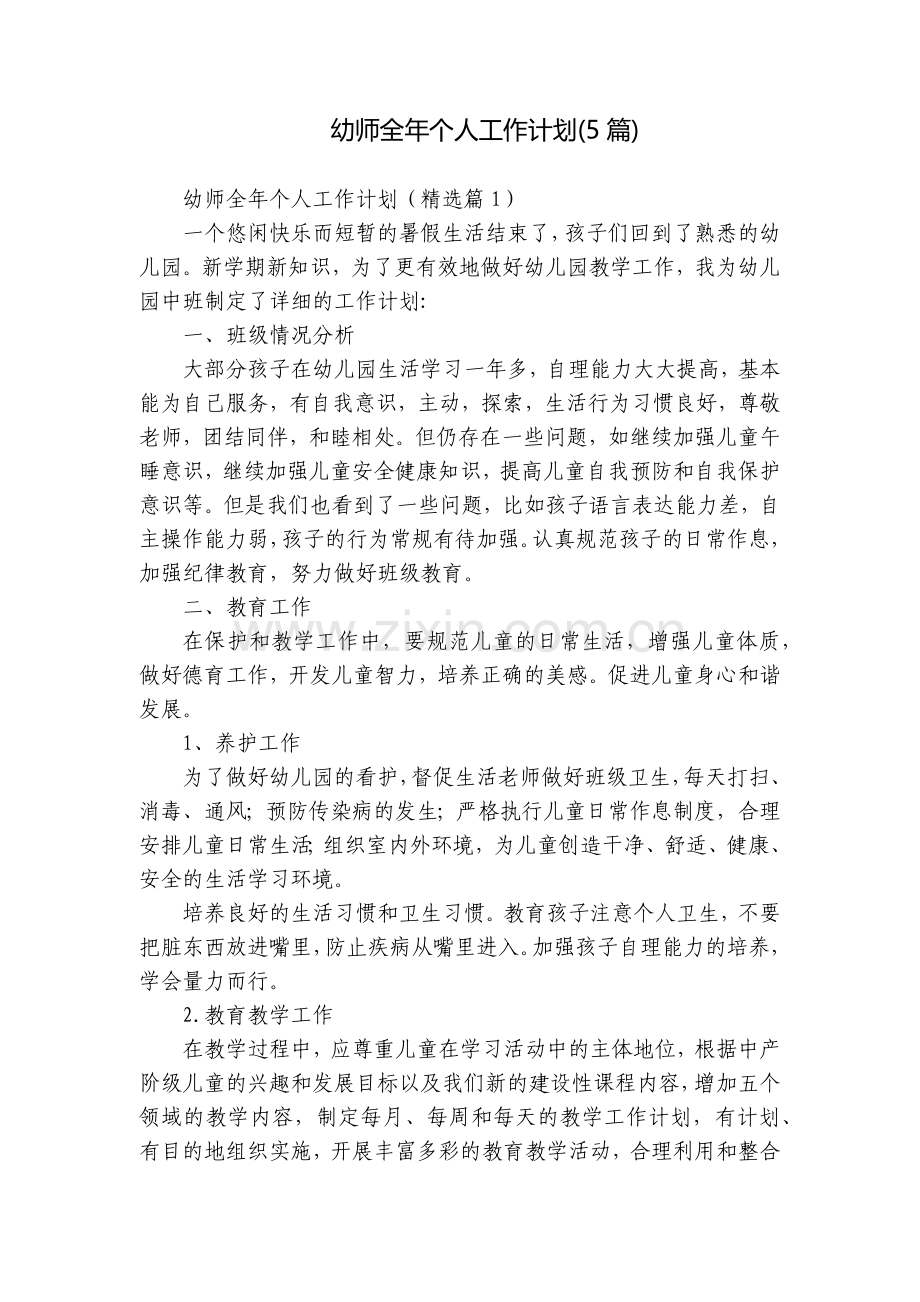 幼师全年个人工作计划(5篇).docx_第1页
