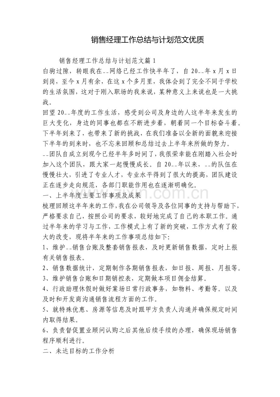 销售经理工作总结与计划范文优质.docx_第1页