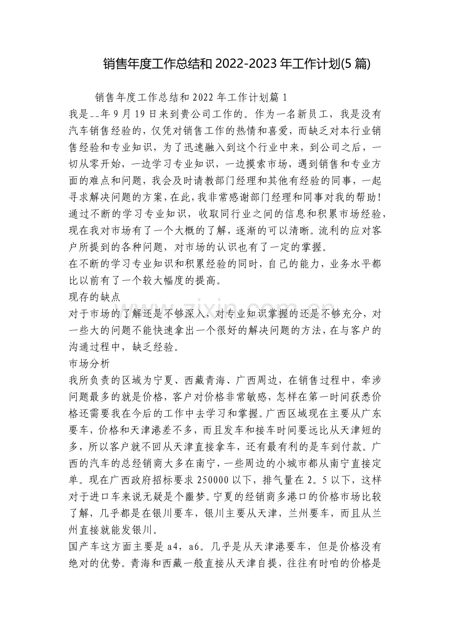 销售年度工作总结和2022-2023年工作计划(5篇).docx_第1页