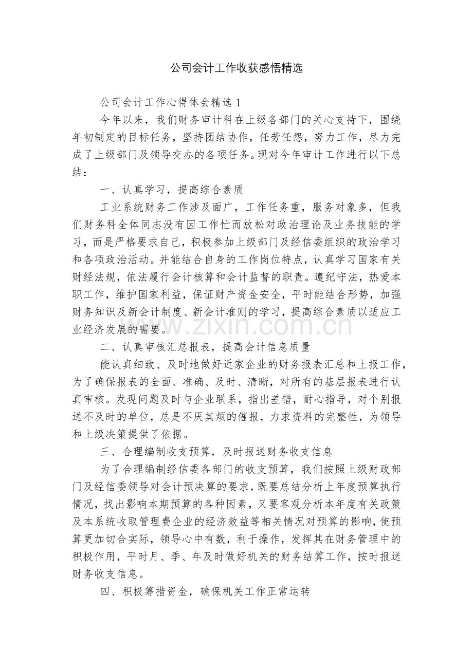 公司会计工作收获感悟.docx_第1页