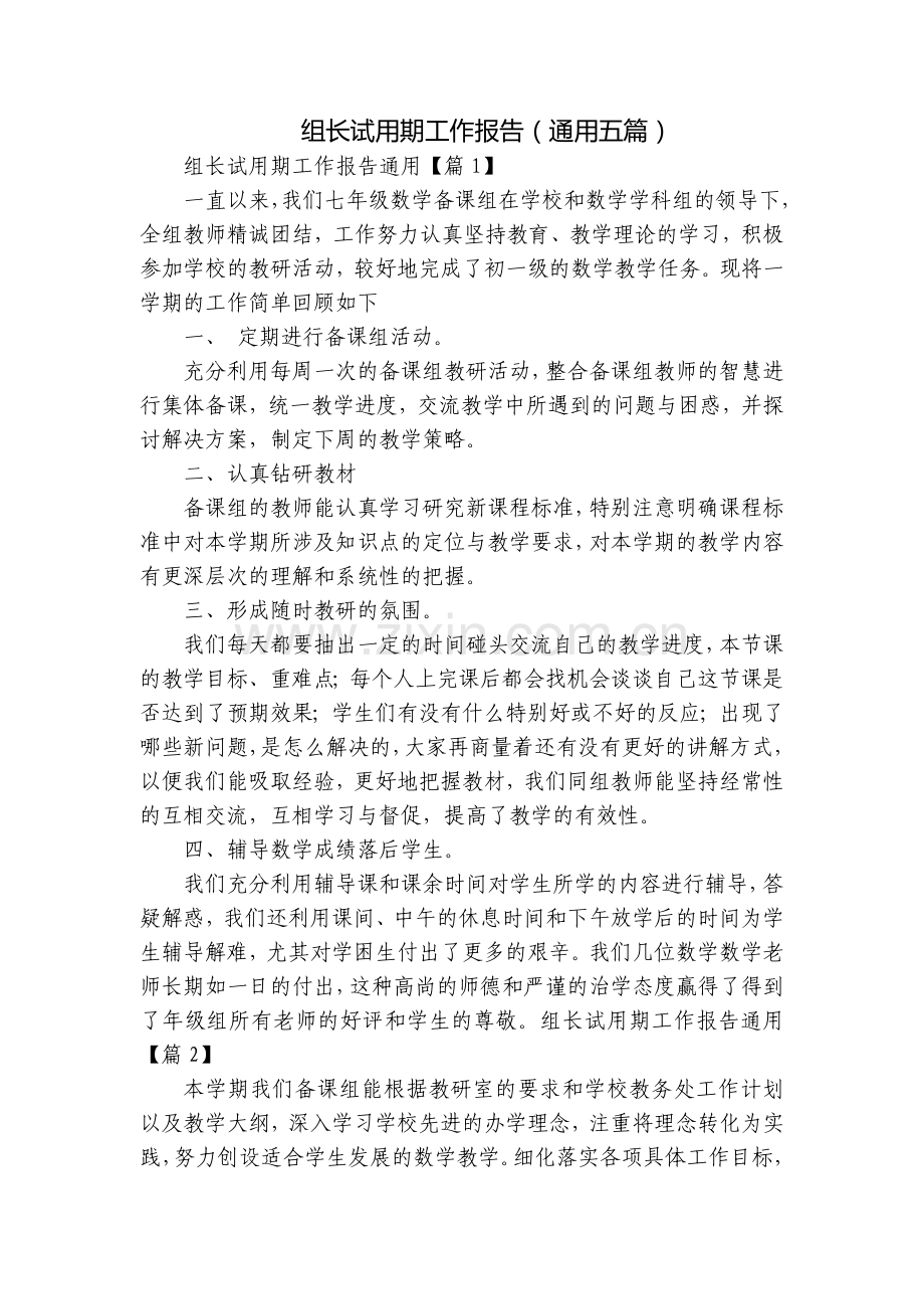 组长试用期工作报告(通用五篇).docx_第1页