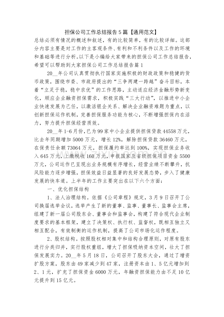 担保公司工作总结报告5篇【通用范文】.docx_第1页