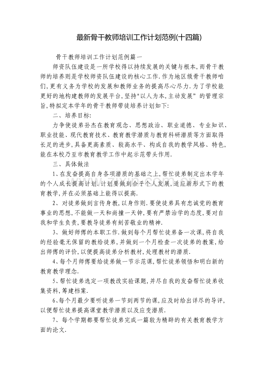骨干教师培训工作计划范例(十四篇).docx_第1页