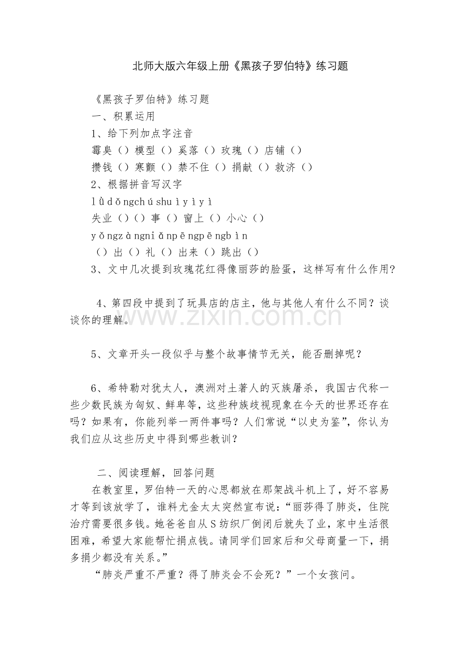 北师大版六年级上册《黑孩子罗伯特》练习题.docx_第1页