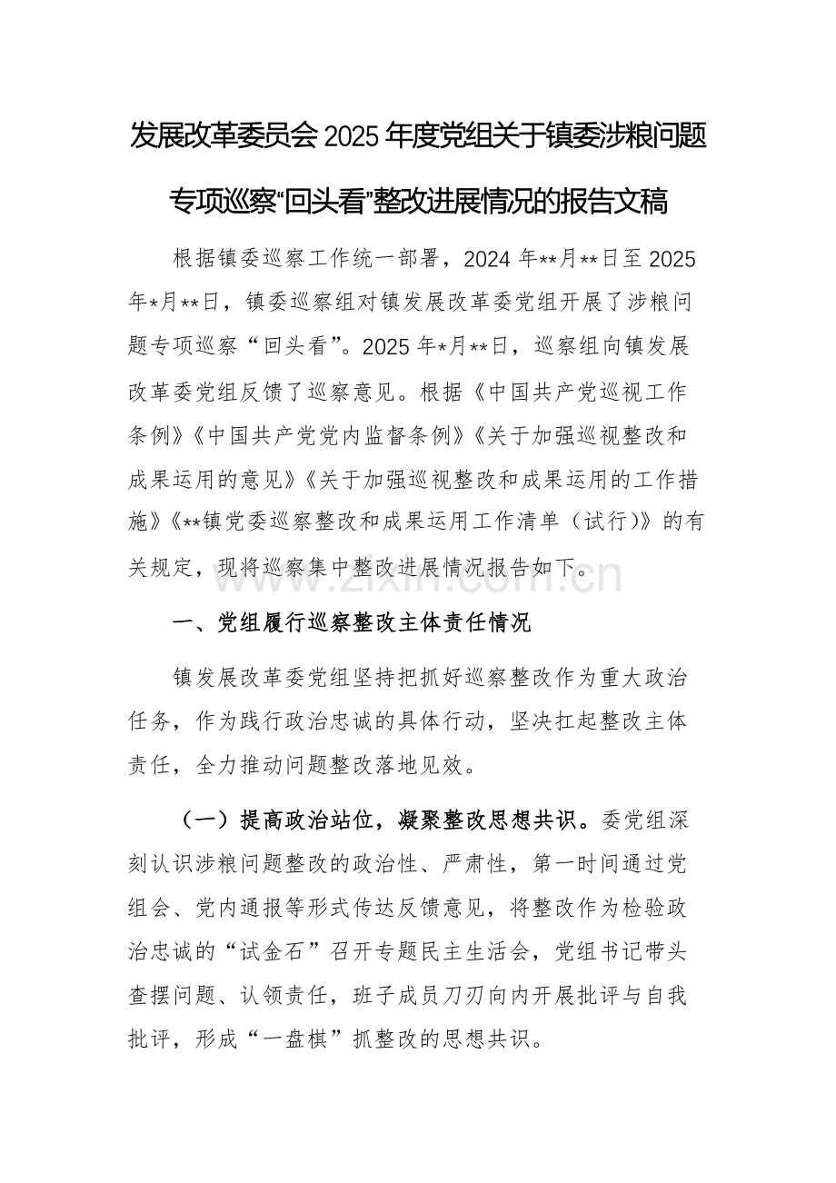 发展改革委员会2025年度党组关于镇委涉粮问题专项巡察“回头看”整改进展报告文稿.docx_第1页