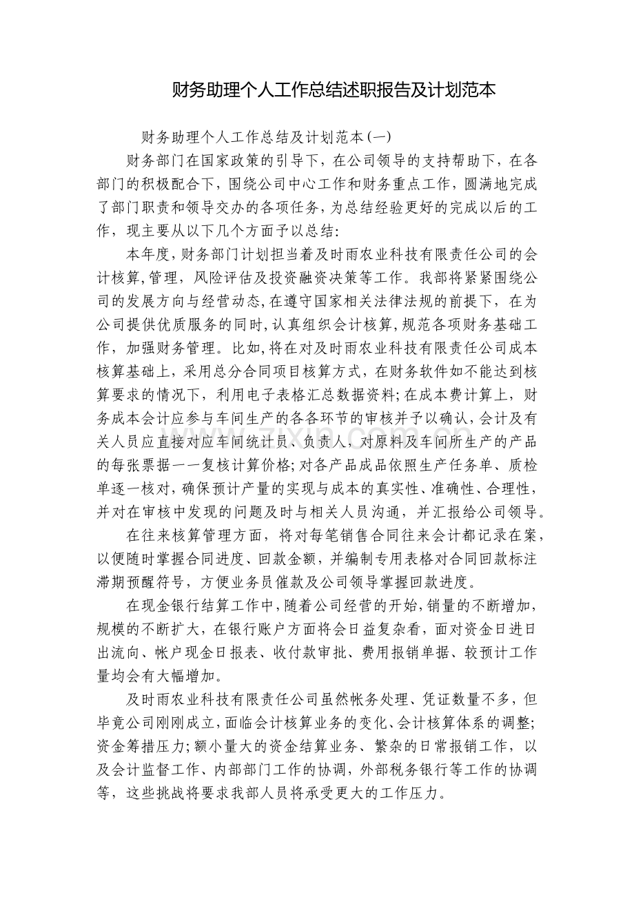 财务助理个人工作总结述职报告及计划范本.docx_第1页