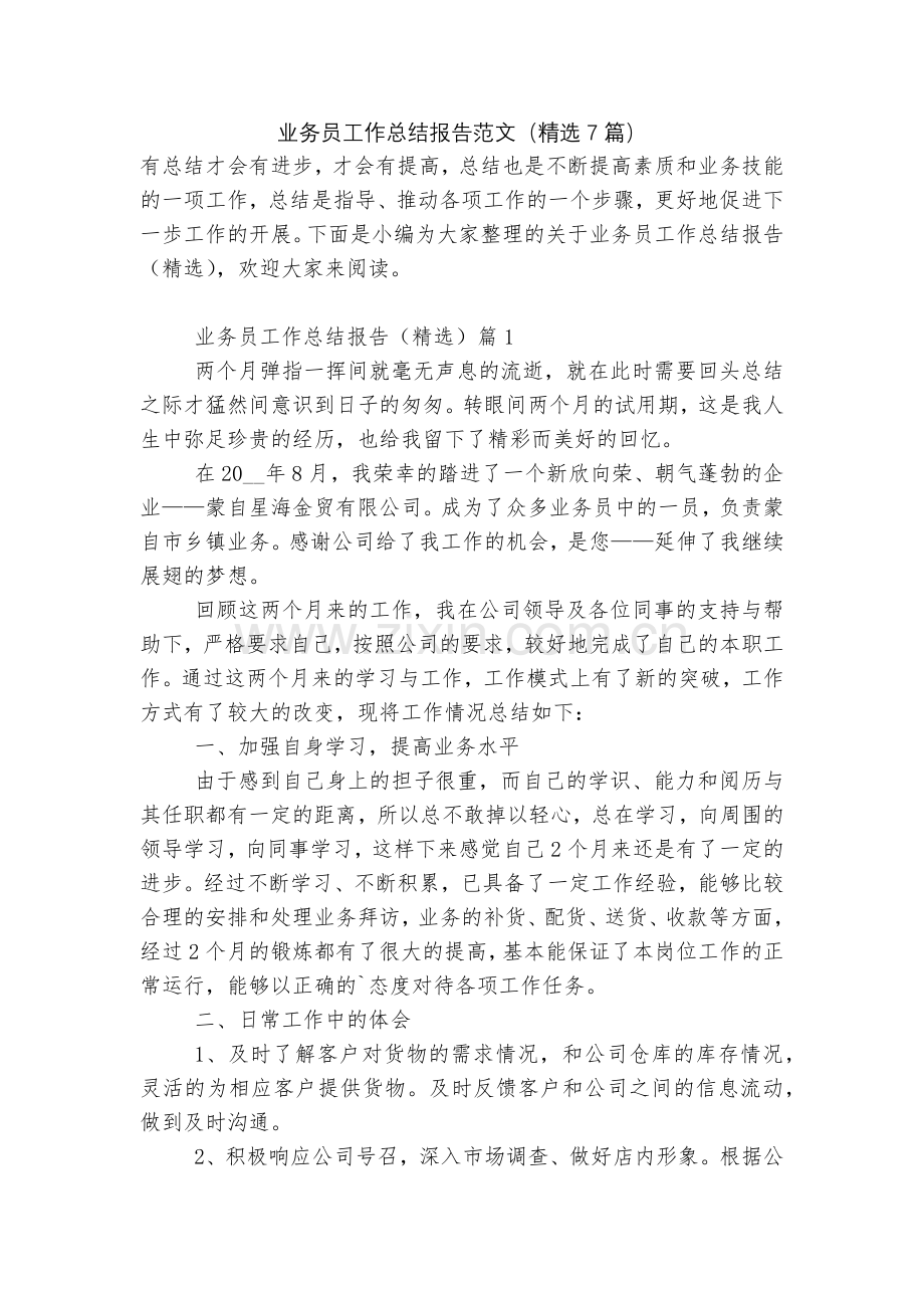 业务员工作总结报告范文(7篇).docx_第1页