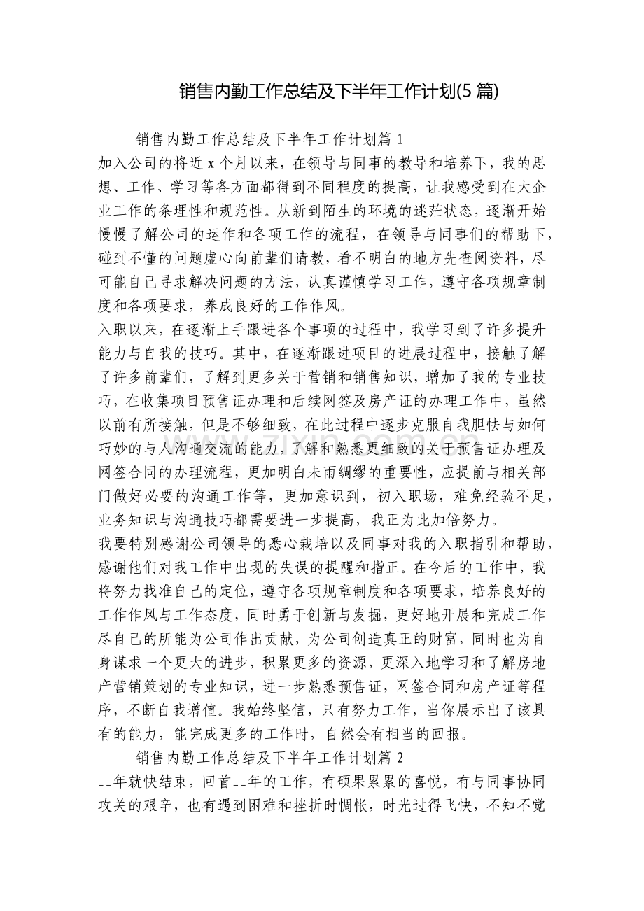 销售内勤工作总结及下半年工作计划(5篇).docx_第1页