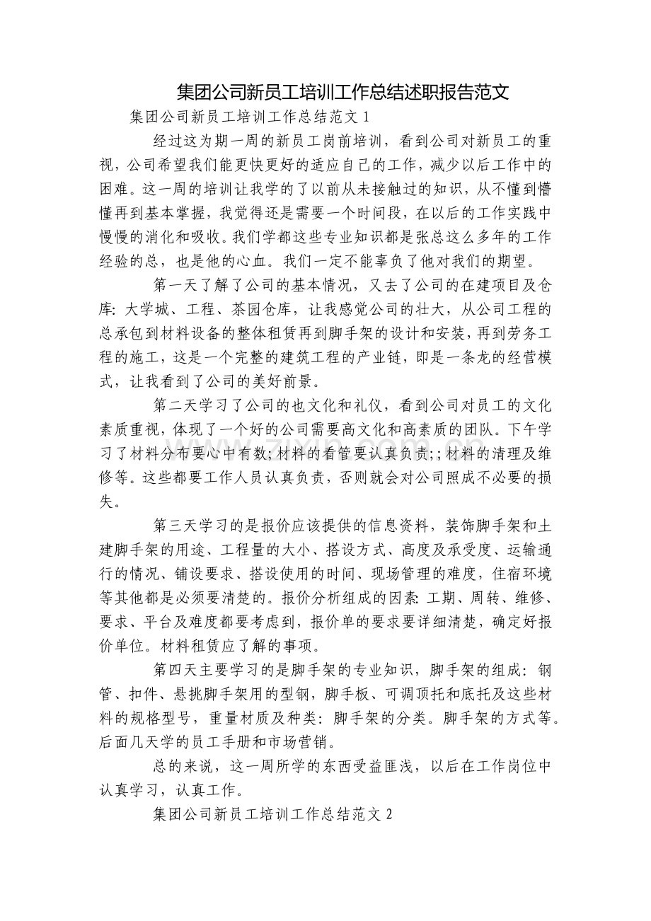 集团公司新员工培训工作总结述职报告范文.docx_第1页