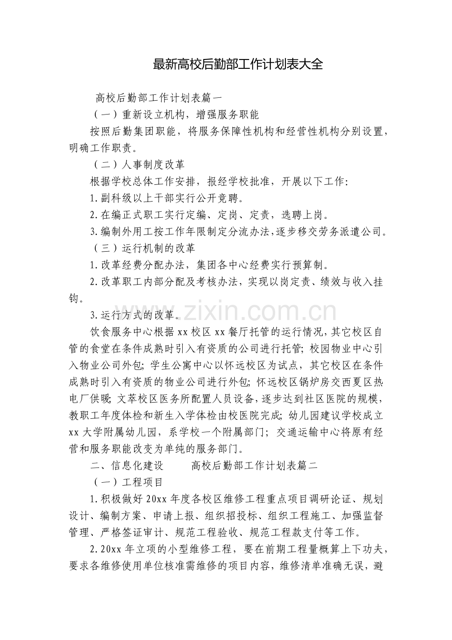 高校后勤部工作计划表大全.docx_第1页