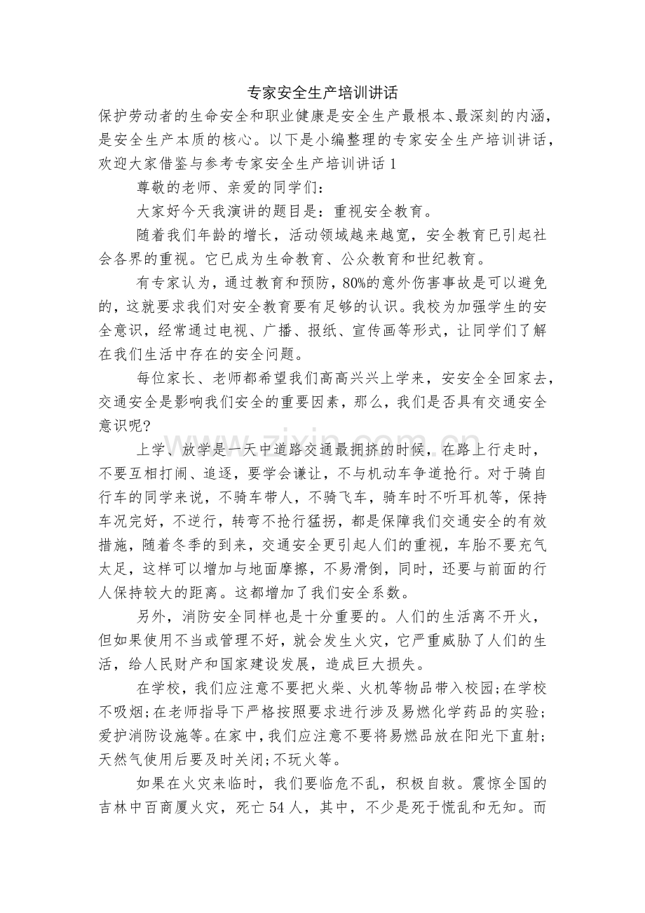 专家安全生产培训讲话.docx_第1页