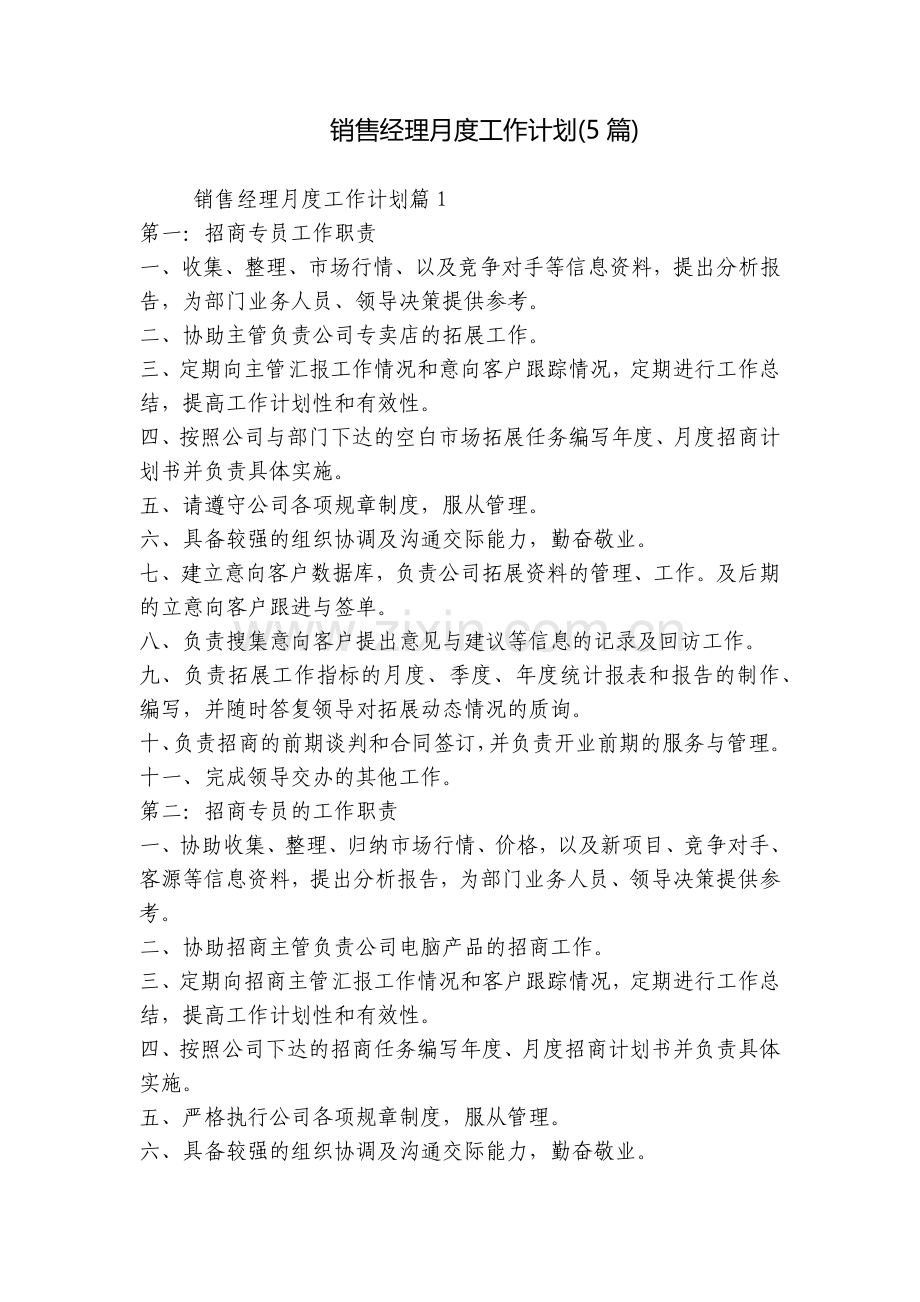销售经理月度工作计划(5篇).docx_第1页