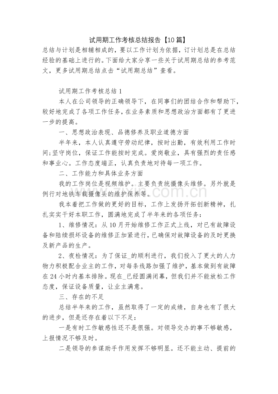 试用期工作考核总结报告【10篇】.docx_第1页
