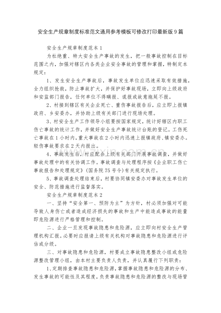 安全生产规章制度标准范文通用参考模板可修改打印9篇.docx_第1页