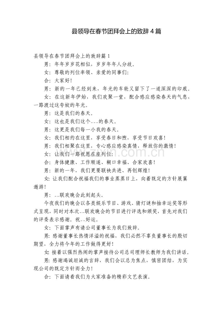 县领导在春节团拜会上的致辞4篇.docx_第1页