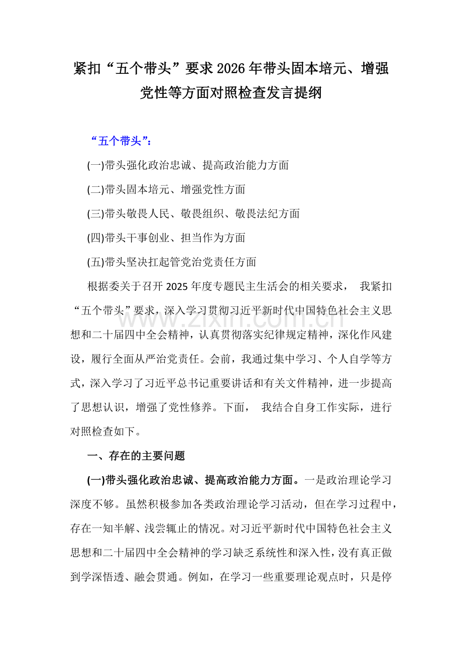 紧扣“五个带头”要求2026年带头固本培元、增强党性等方面对照检查发言提纲.docx_第1页
