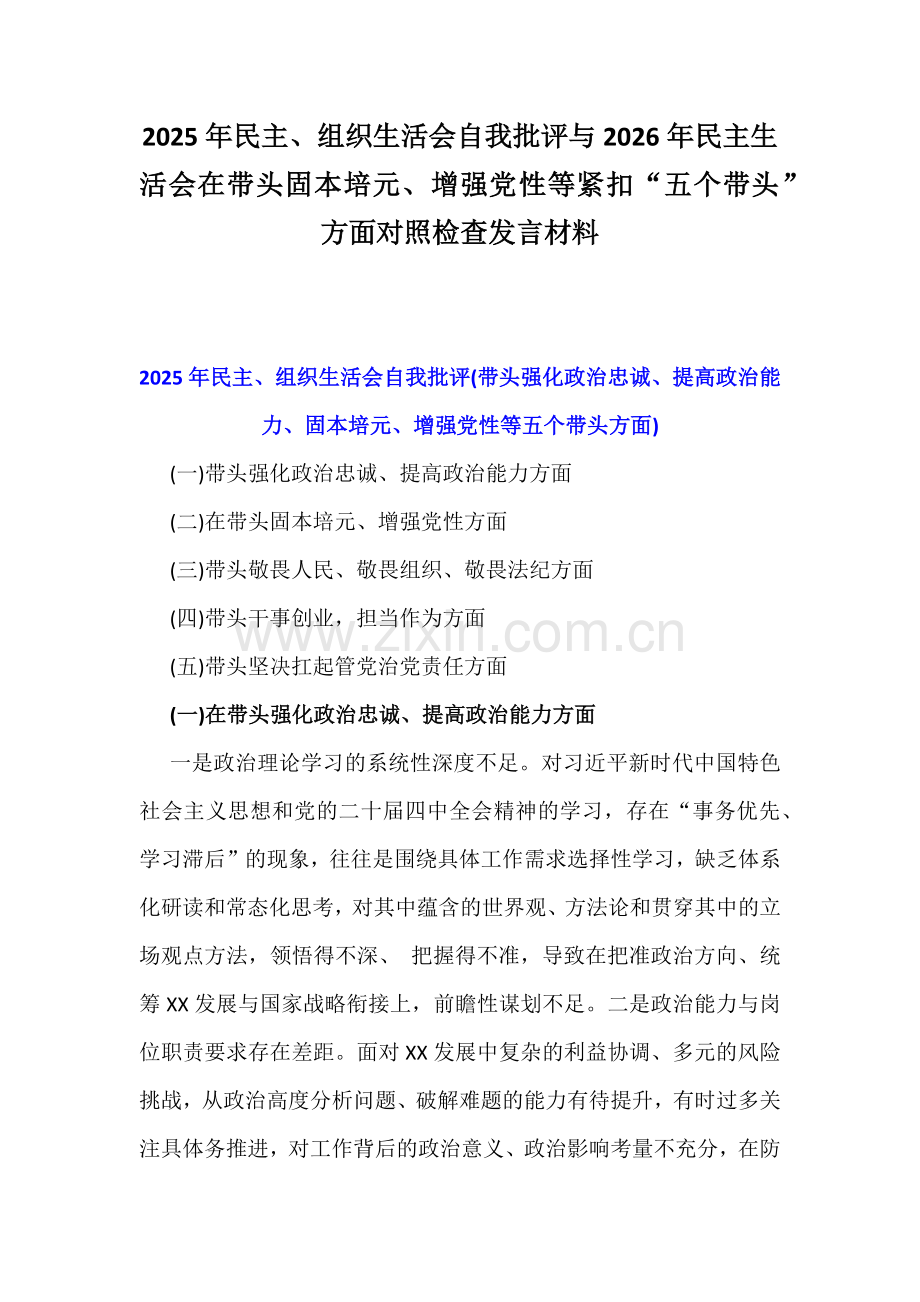 2025年民主、组织生活会自我批评与2026年民主生活会在带头固本培元、增强党性等紧扣“五个带头”方面对照检查发言材料.docx_第1页