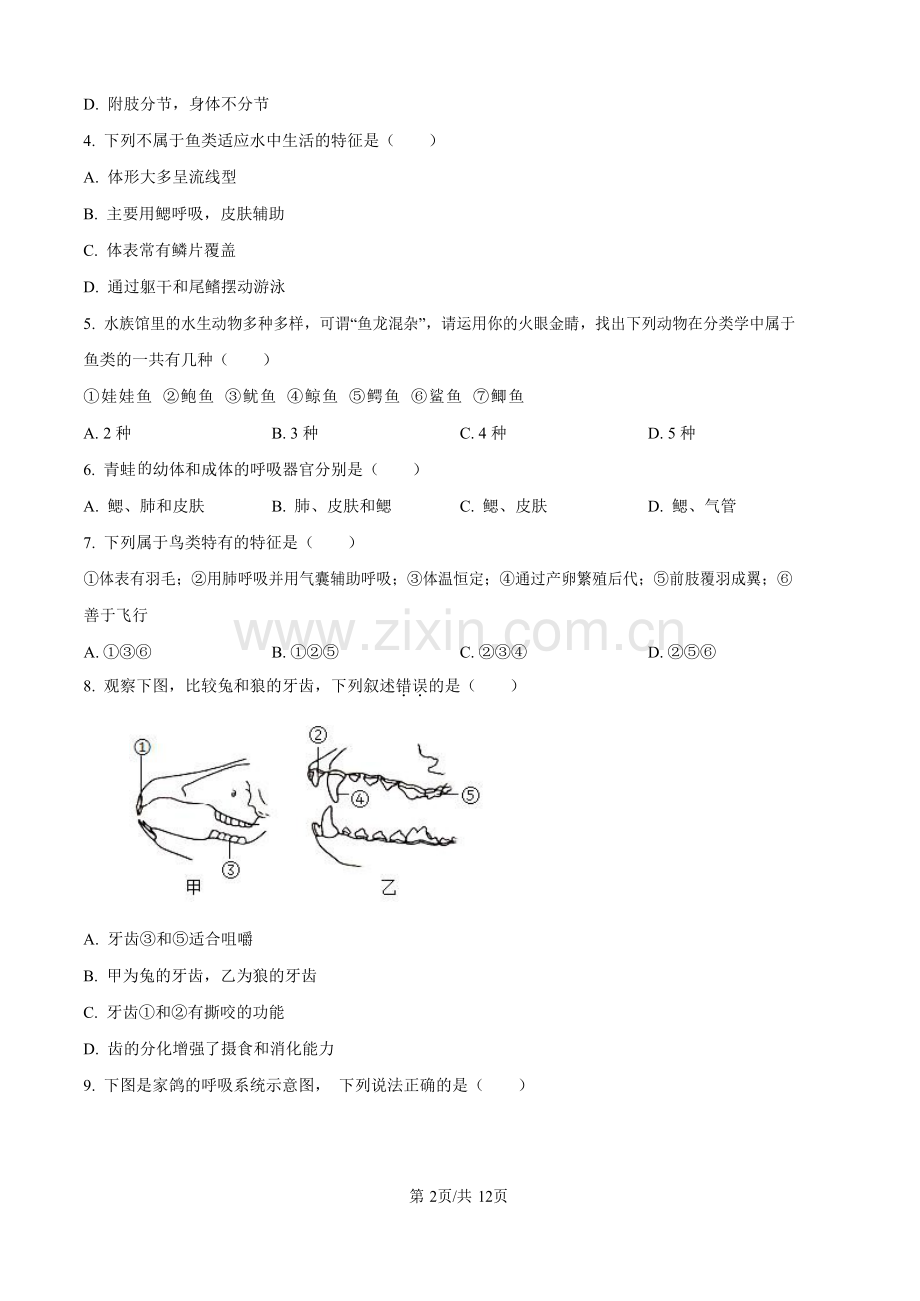 广东省广州市白云区2024-2025学年八年级上学期期末生物试题（含答案）.docx_第2页