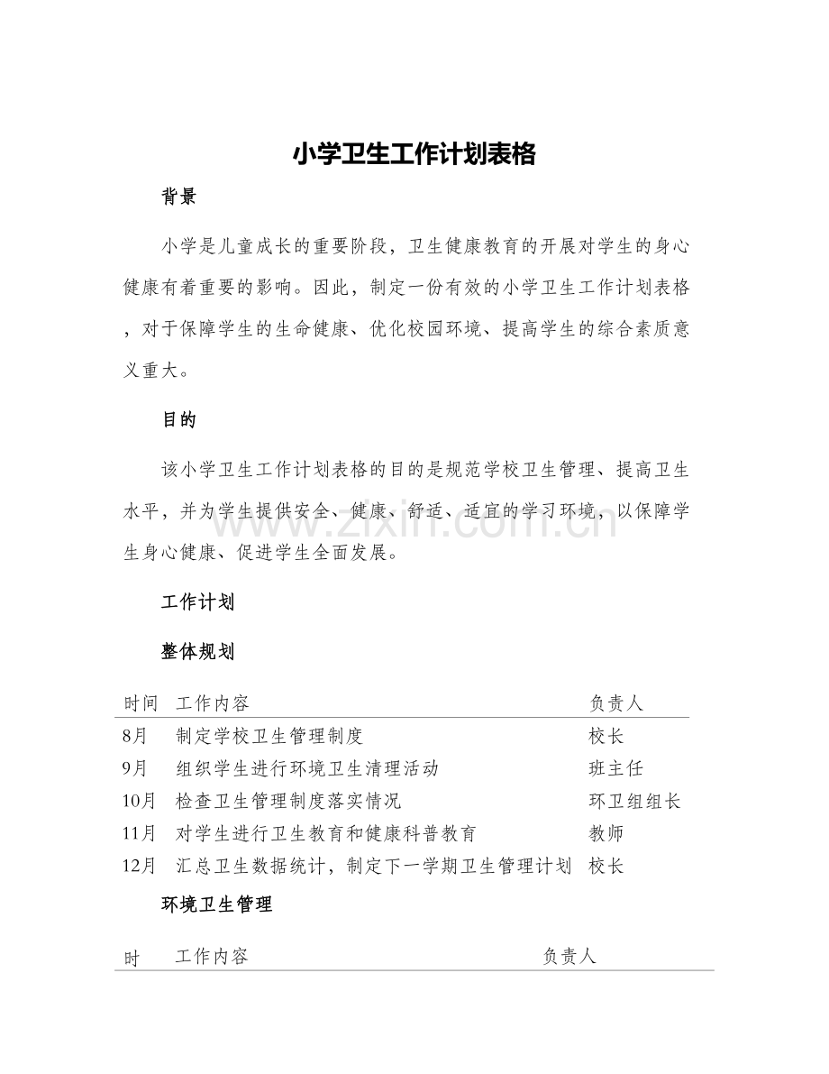 小学卫生工作计划表格.docx_第1页