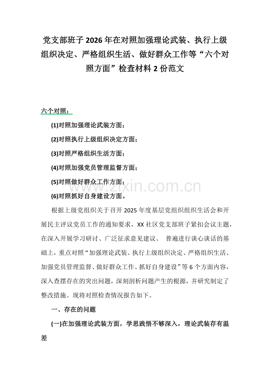 党支部班子2026年在对照加强理论武装、执行上级组织决定、严格组织生活、做好群众工作等“六个对照方面”检查材料2份范文.docx_第1页