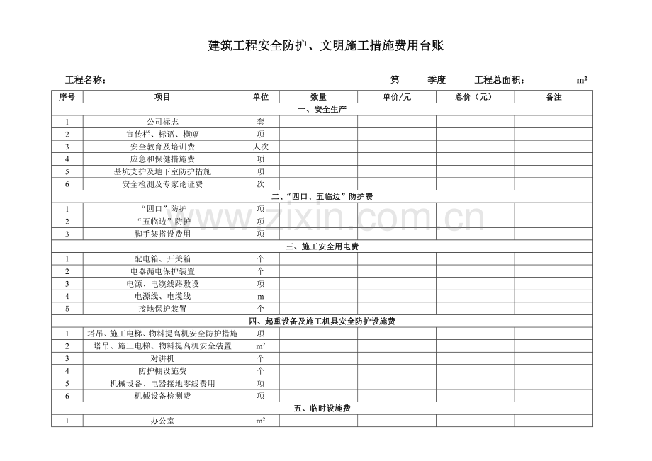 安全生产文明施工措施费用台账.docx_第1页