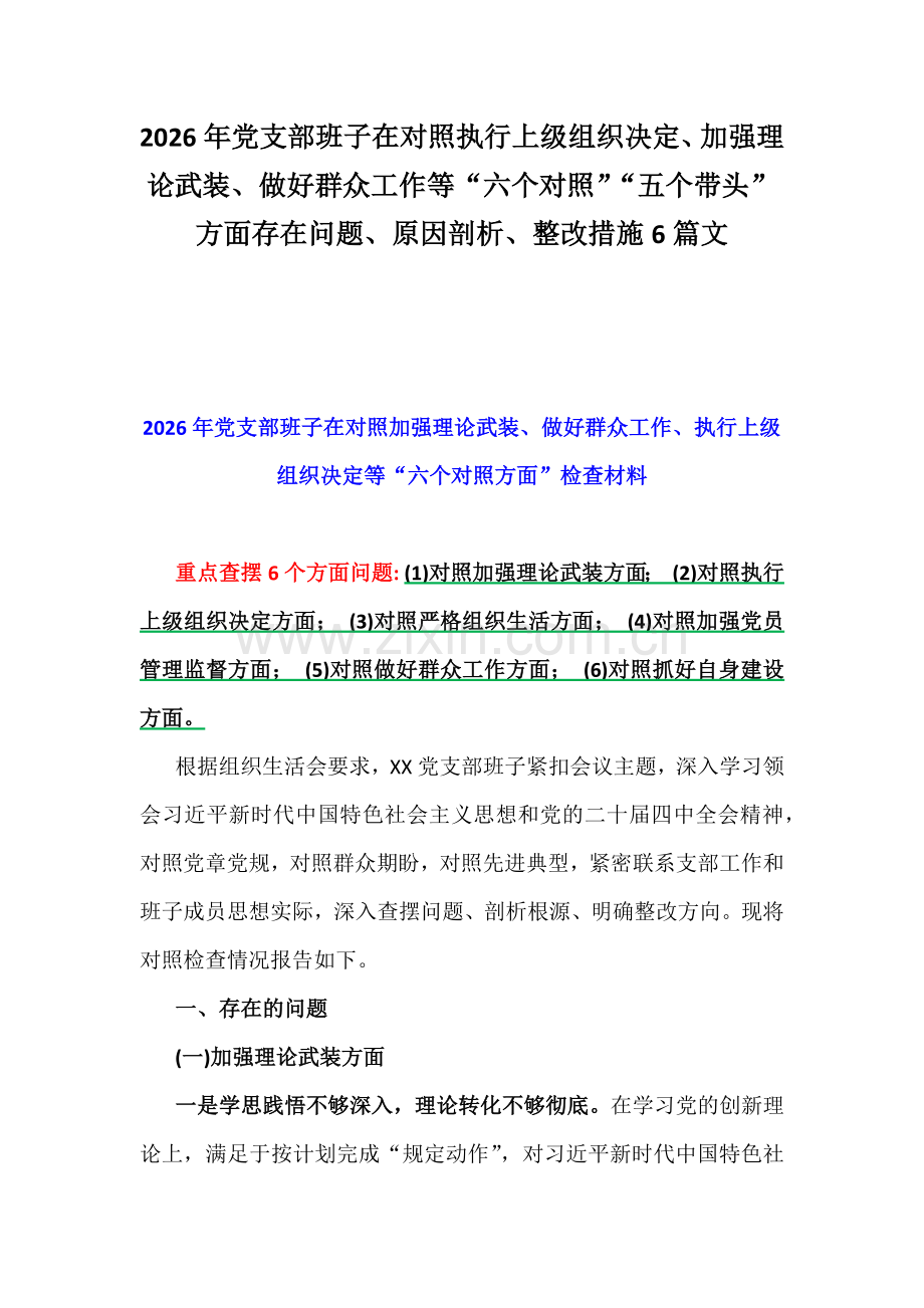 2026年党支部班子在对照执行上级组织决定、加强理论武装、做好群众工作等“六个对照”“五个带头”方面存在问题、原因剖析、整改措施6篇文.docx_第1页