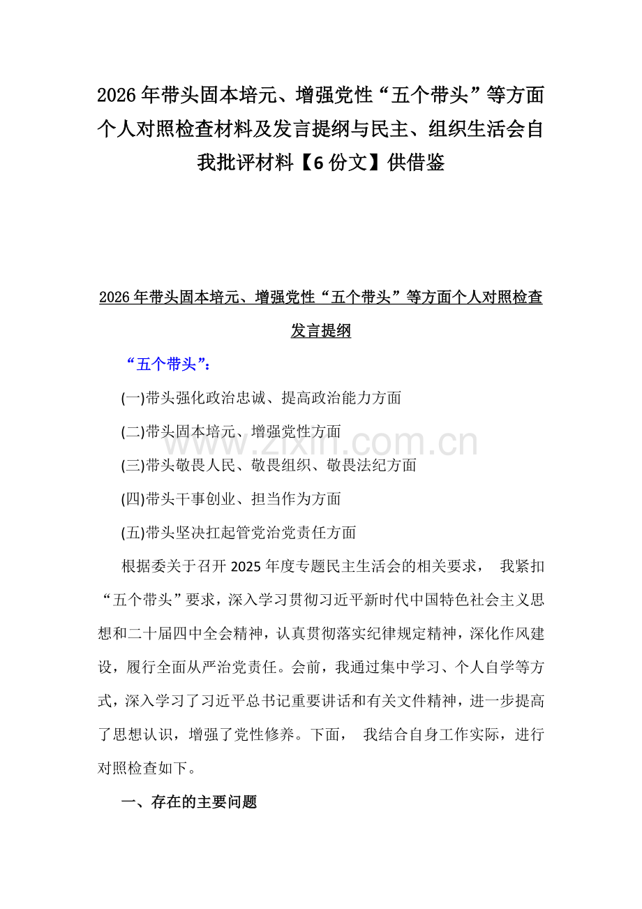 2026年带头固本培元、增强党性“五个带头”等方面个人对照检查材料及发言提纲与民主、组织生活会自我批评材料【6份文】供借鉴.docx_第1页