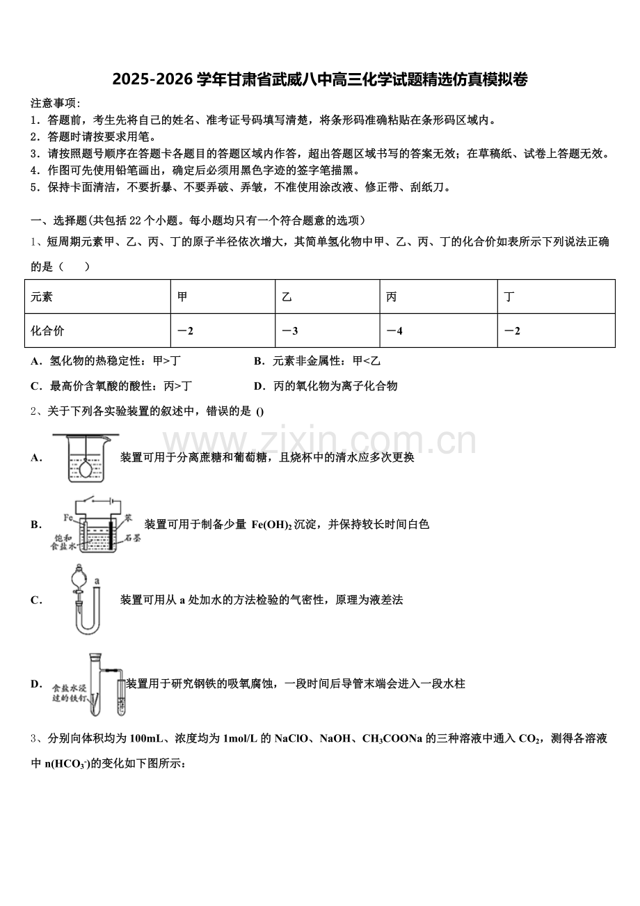 2025-2026学年甘肃省武威八中高三化学试题精选仿真模拟卷含解析.doc_第1页
