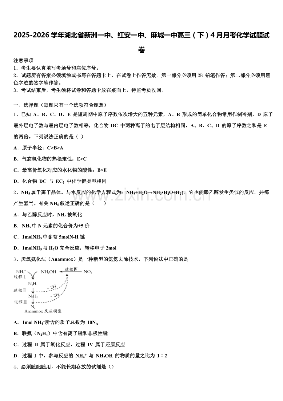 2025-2026学年湖北省新洲一中、红安一中、麻城一中高三（下）4月月考化学试题试卷含解析.doc_第1页
