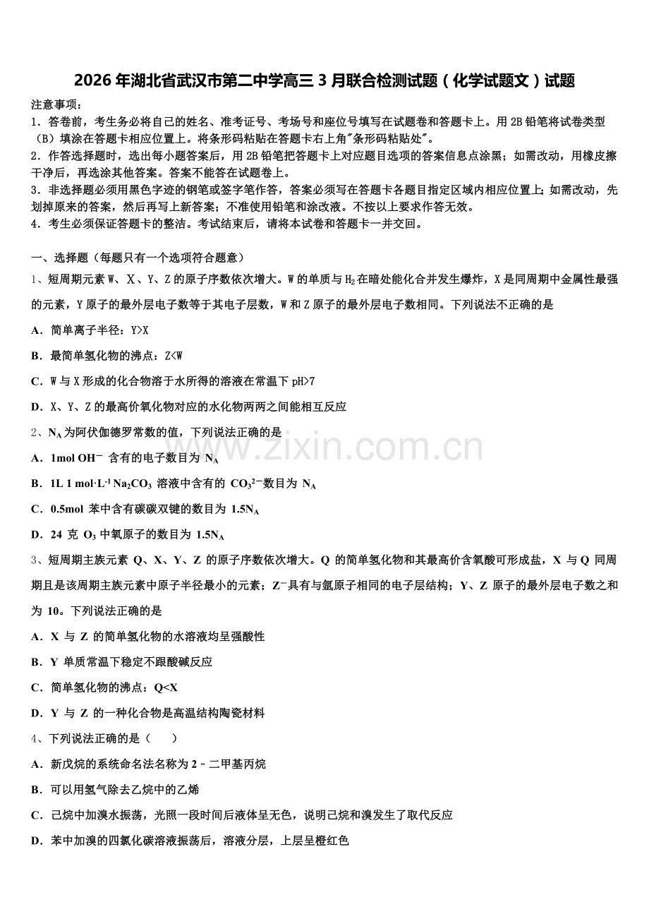 2026年湖北省武汉市第二中学高三3月联合检测试题（化学试题文）试题含解析.doc_第1页