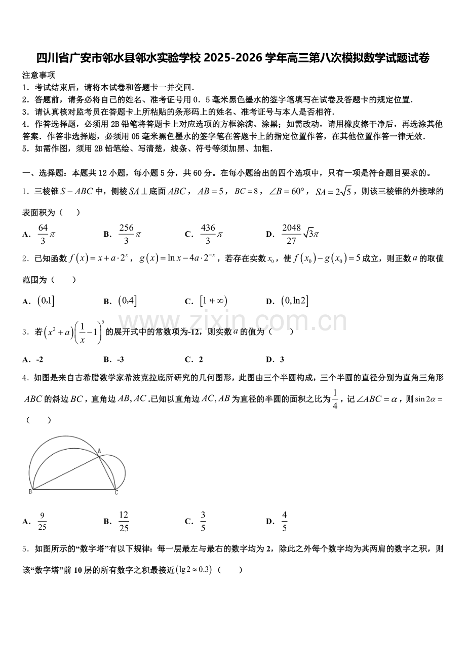 四川省广安市邻水县邻水实验学校2025-2026学年高三第八次模拟数学试题试卷含解析.doc_第1页