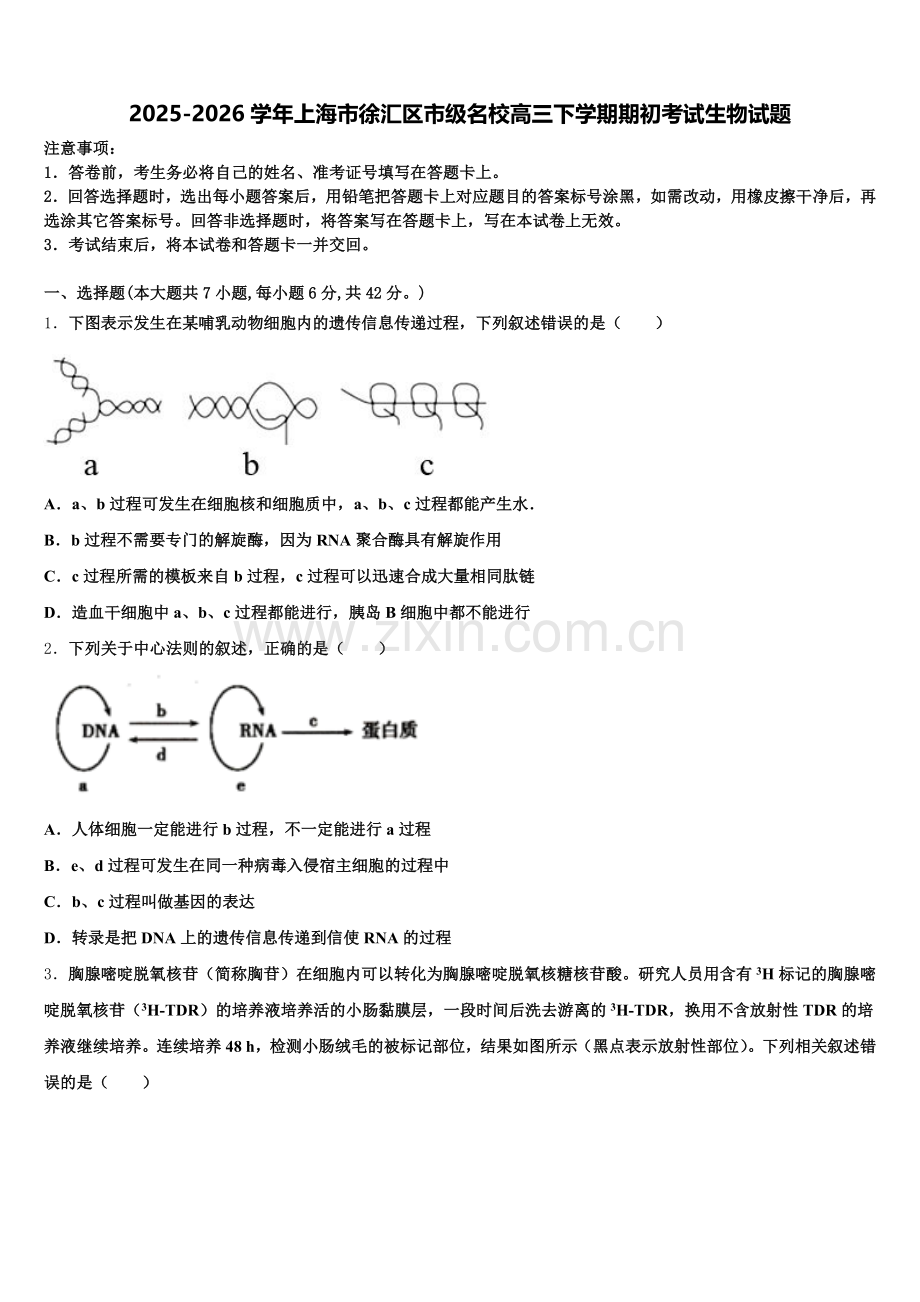 2025-2026学年上海市徐汇区市级名校高三下学期期初考试生物试题含解析.doc_第1页