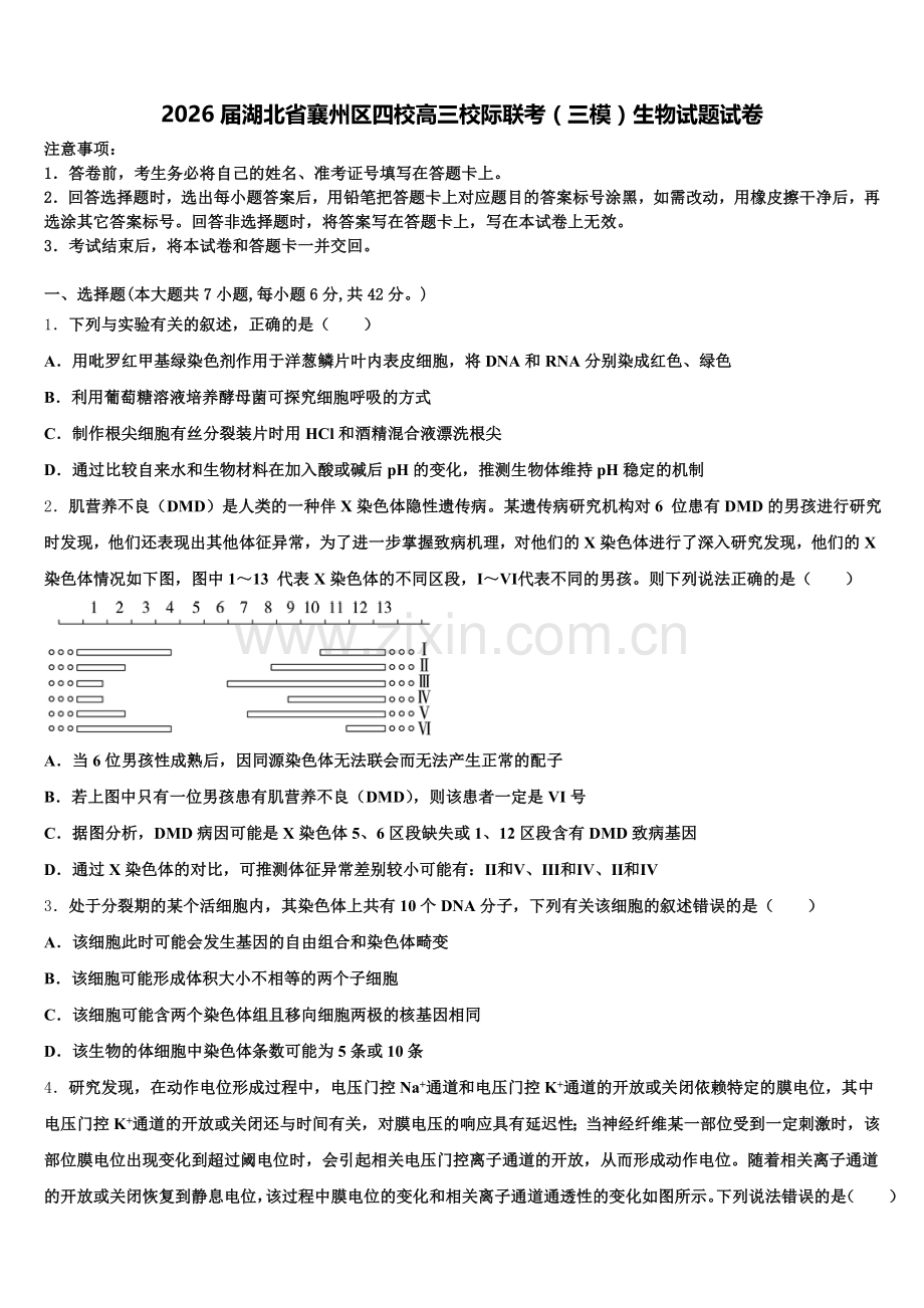 2026届湖北省襄州区四校高三校际联考（三模）生物试题试卷含解析.doc_第1页