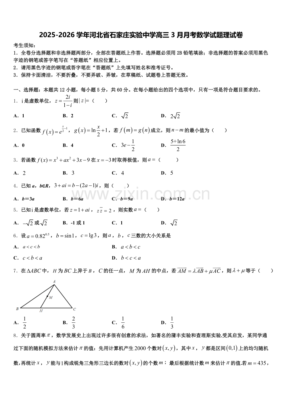 2025-2026学年河北省石家庄实验中学高三3月月考数学试题理试卷含解析.doc_第1页