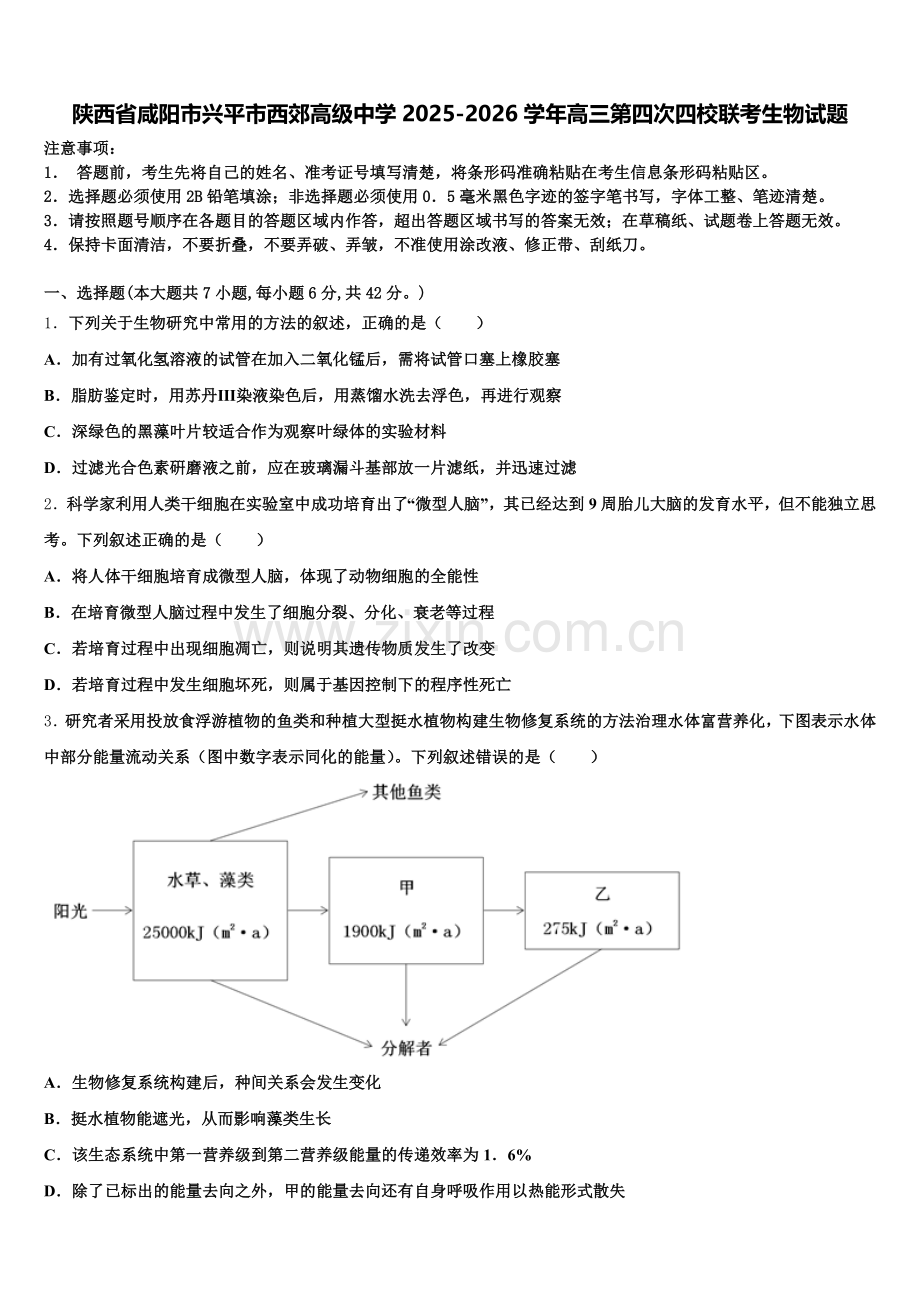 陕西省咸阳市兴平市西郊高级中学2025-2026学年高三第四次四校联考生物试题含解析.doc_第1页