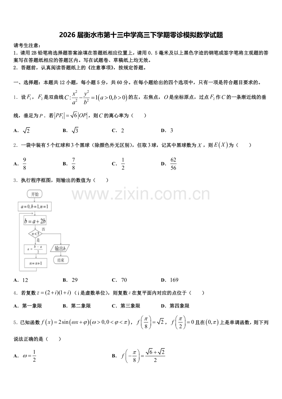2026届衡水市第十三中学高三下学期零诊模拟数学试题含解析.doc_第1页