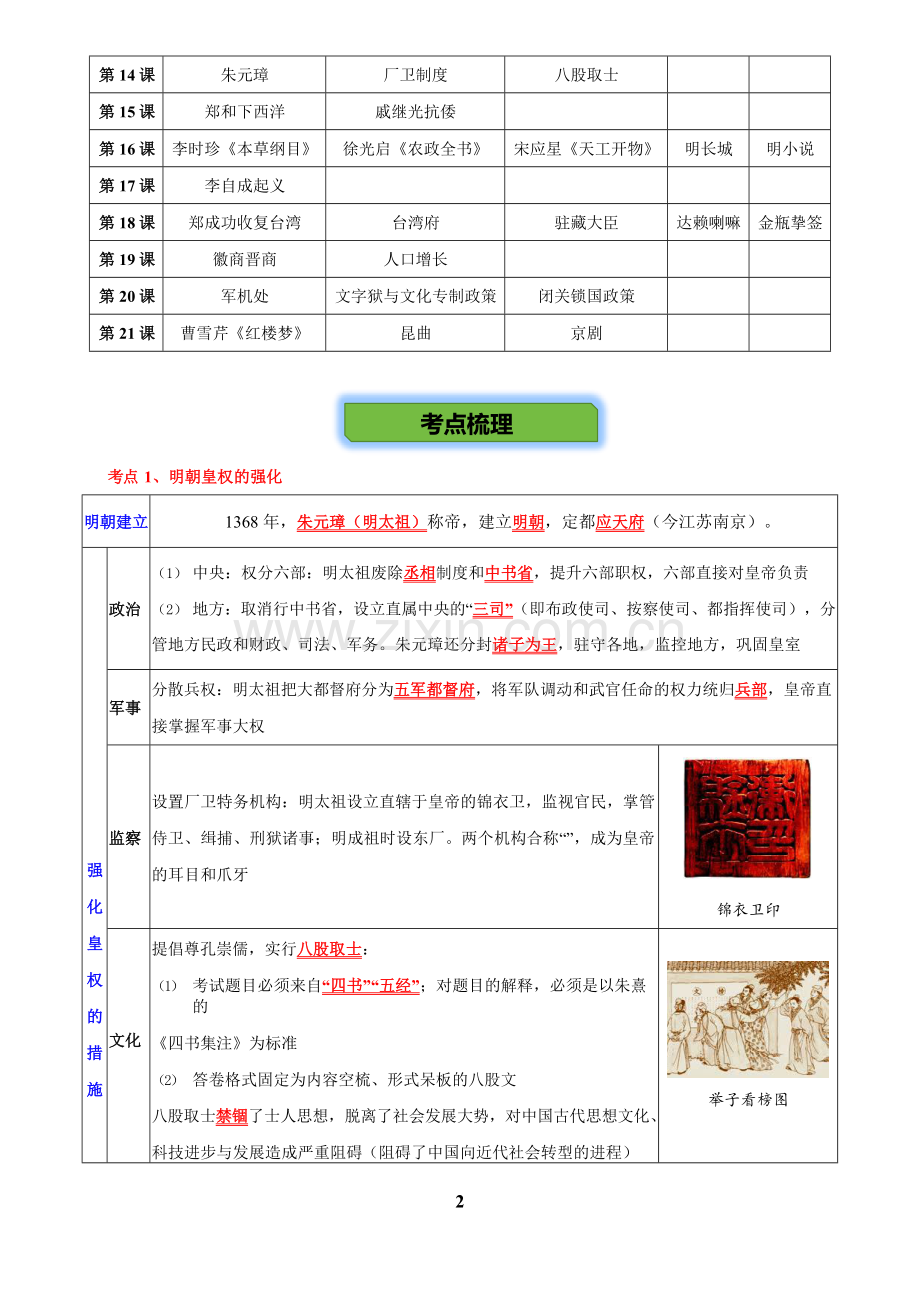2026学年中考历史一轮复习——明清时期（含答案）.docx_第2页