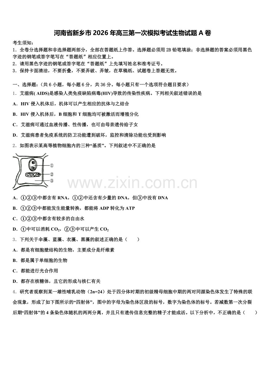 河南省新乡市2026年高三第一次模拟考试生物试题A卷含解析.doc_第1页