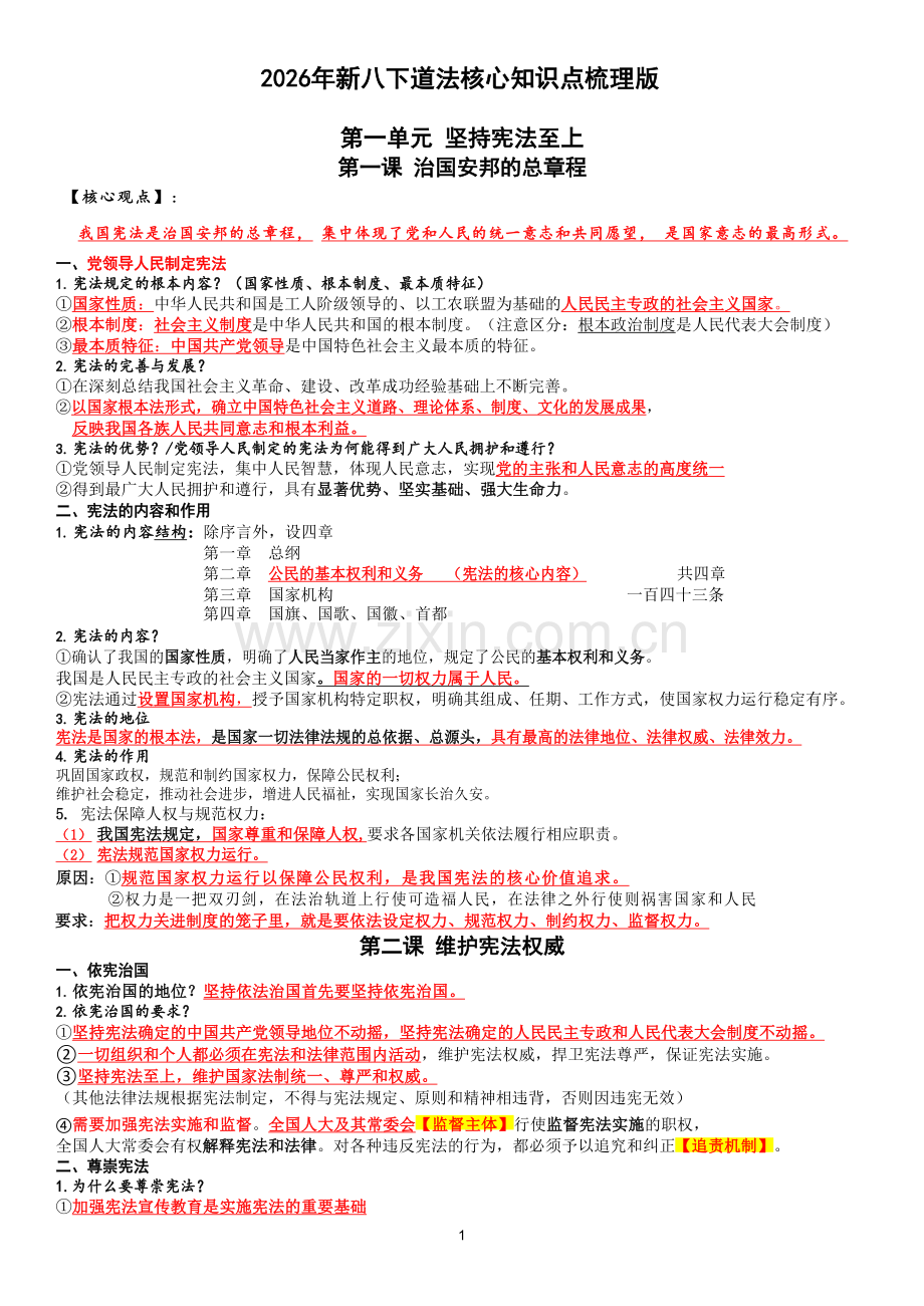 2026年新版八年级下学期道德法治核心知识点整理资料.docx_第1页