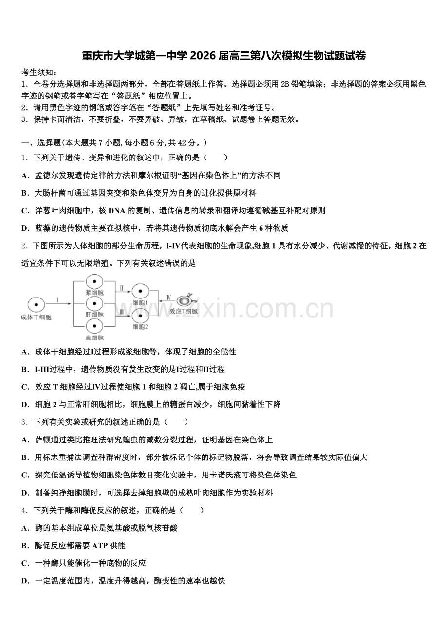 重庆市大学城第一中学2026届高三第八次模拟生物试题试卷含解析.doc_第1页