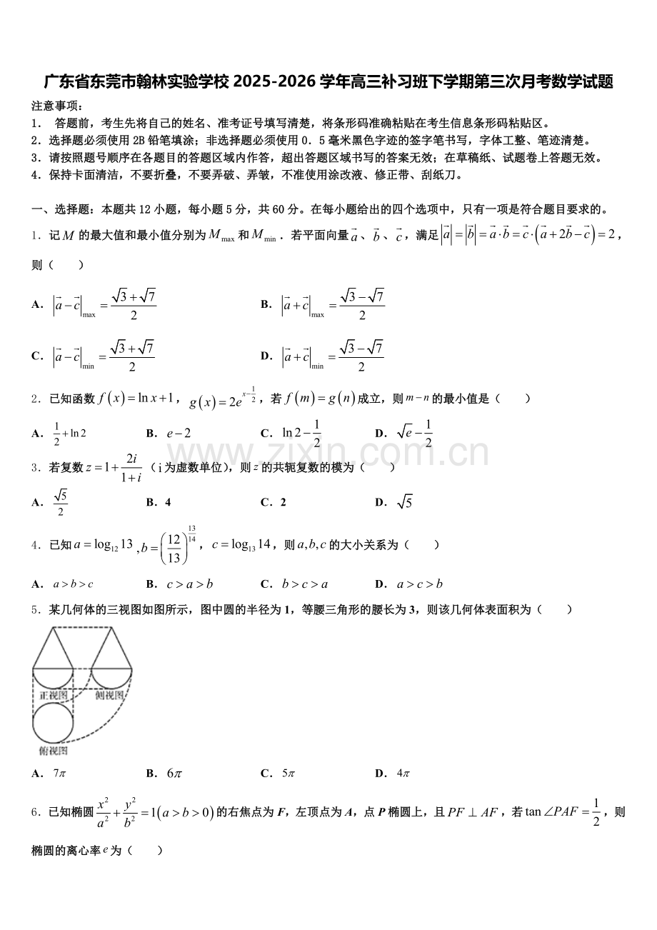 广东省东莞市翰林实验学校2025-2026学年高三补习班下学期第三次月考数学试题含解析.doc_第1页
