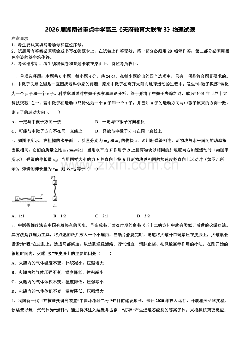 2026届湖南省重点中学高三《天府教育大联考3》物理试题含解析.doc_第1页