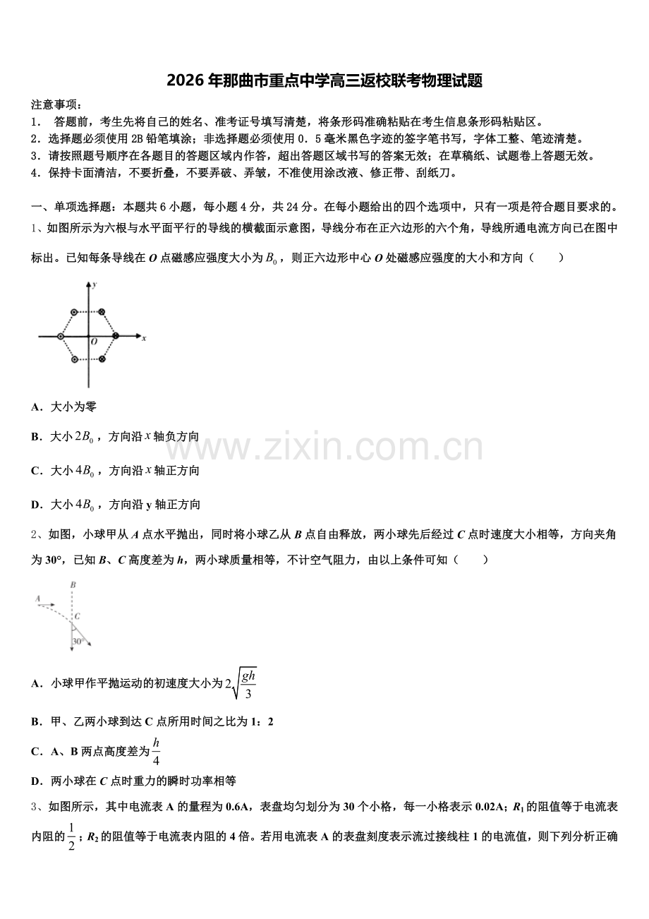 2026年那曲市重点中学高三返校联考物理试题含解析.doc_第1页