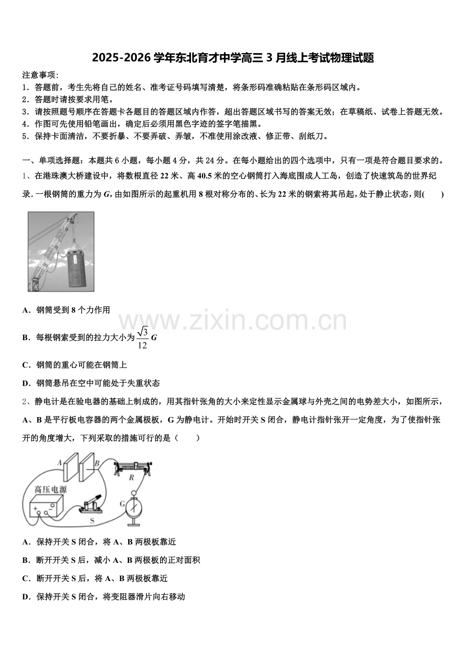 2025-2026学年东北育才中学高三3月线上考试物理试题含解析.doc_第1页